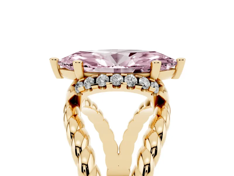 Fancy Pink Marquise Cut Diamond Halo Ring Set in Yellow gold with Twisted Band and Prong Setting