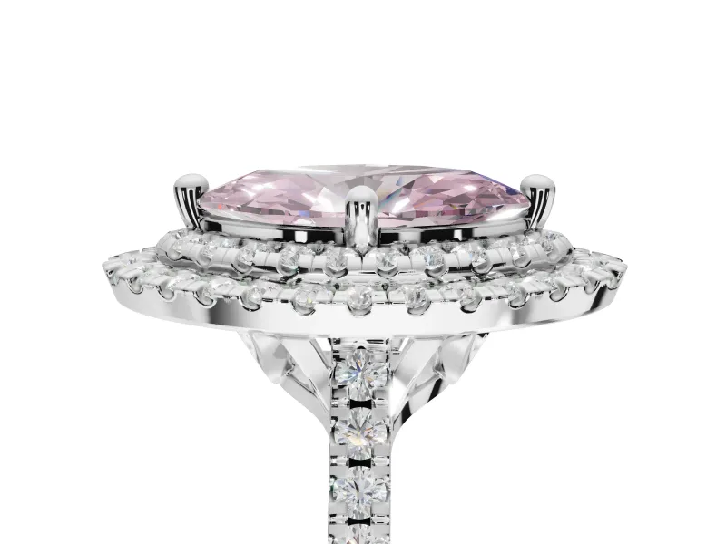 Fancy Pink Marquise Lab-Grown Diamond Double Halo Statement Ring Set in Platinum with Pavé Band