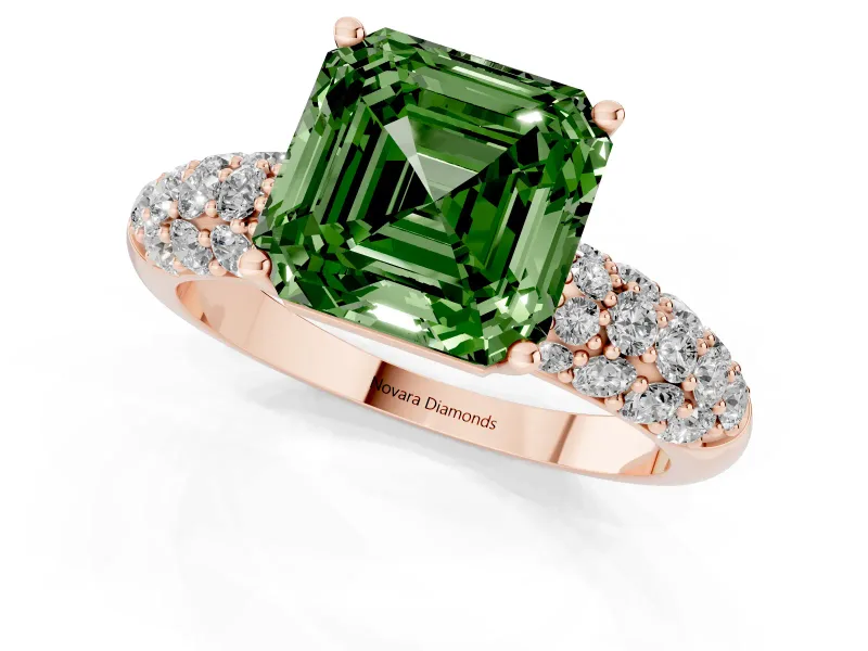 Asscher Cut Multi Row Pave Engagement Ring Setting for a Fancy Green Lab-Grown Diamond | Rose Gold