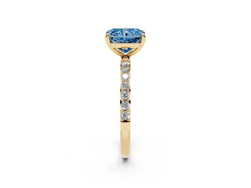 Radiant Cut Pave Solitaire Engagement Ring Setting for a Fancy Blue Lab-Grown Diamond | Pave Shoulders | Yellow Gold