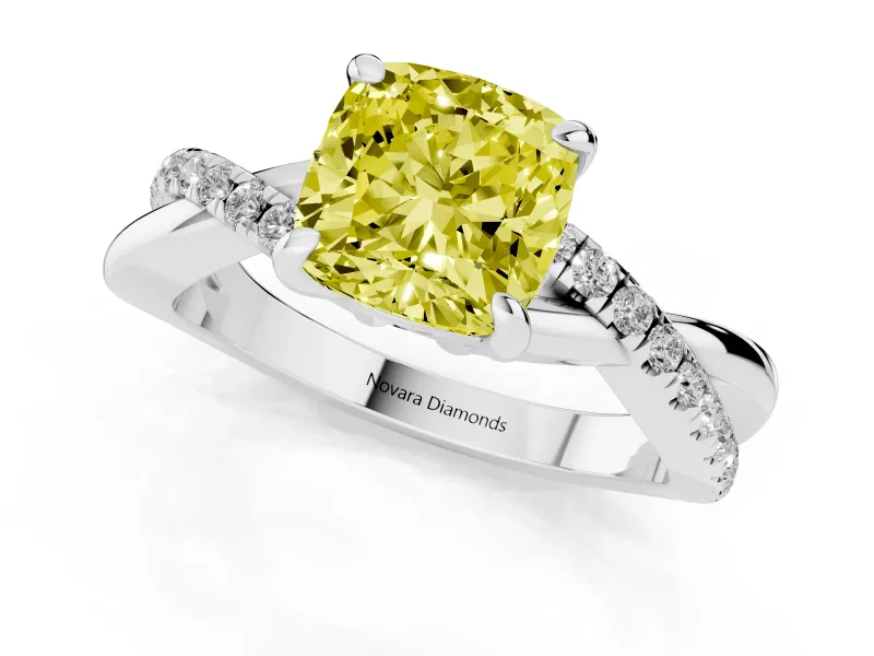 Fancy Yellow Cushion Cut Diamond Twist Band Solitaire Set in Platinum with Pavé Accents and Prong Setting