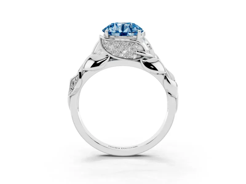 Fancy Blue Round Cut Diamond Leaf-Inspired Engagement Ring Set in Platinum with Round Accents