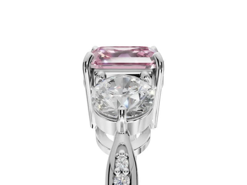 Asscher Cut Three Stone Engagement Ring Setting for a Fancy Pink Lab-Grown Diamond | Tapered Pave Band | Sterling Silver