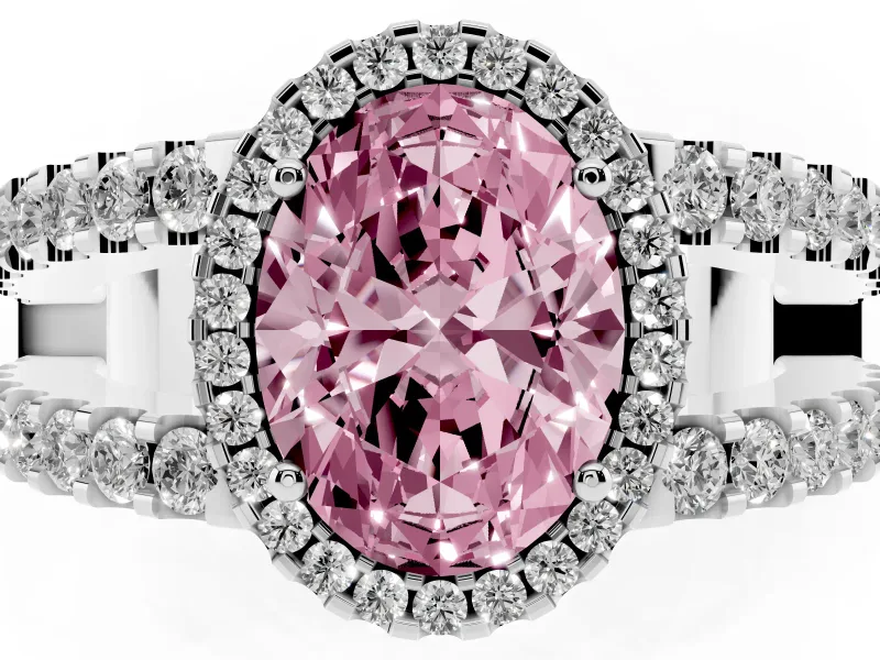 Fancy Pink Oval Cut Diamond Halo Ring Set in White gold with Pavé Split Shank and Prong Setting