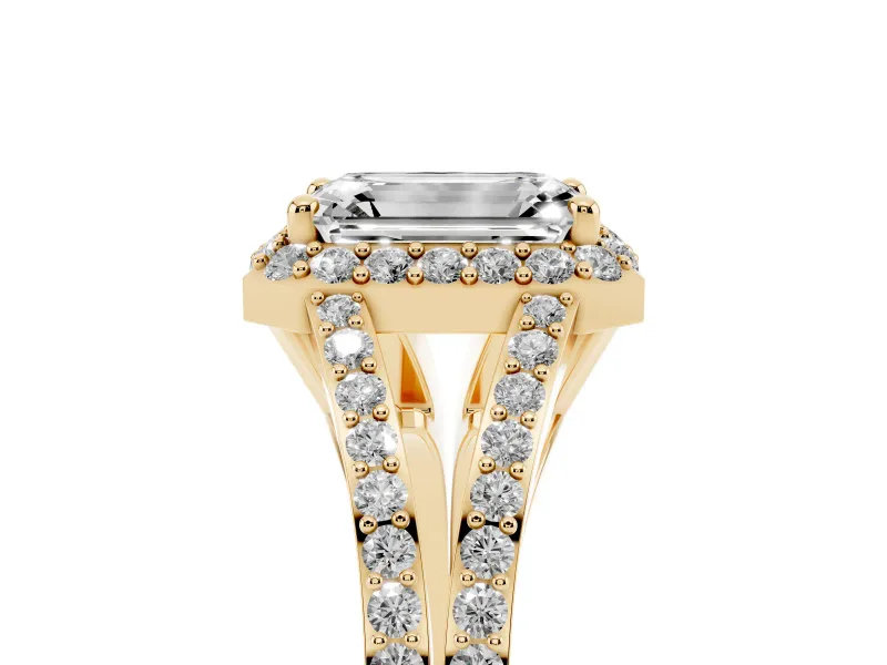 Emerald Cut Halo Engagement Ring Setting | V-Split Pavé Band | Yellow Gold