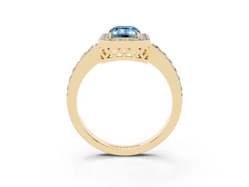 Fancy Blue Emerald Cut Diamond Halo Ring Set in Yellow gold with Pavé-Setting Band and Open Prong Center