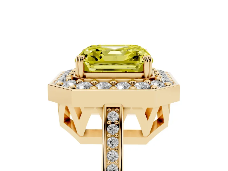 Asscher Cut Halo Engagement Ring Setting for a Fancy Yellow Lab-Grown Diamond | Polished Halo Rim | Yellow Gold