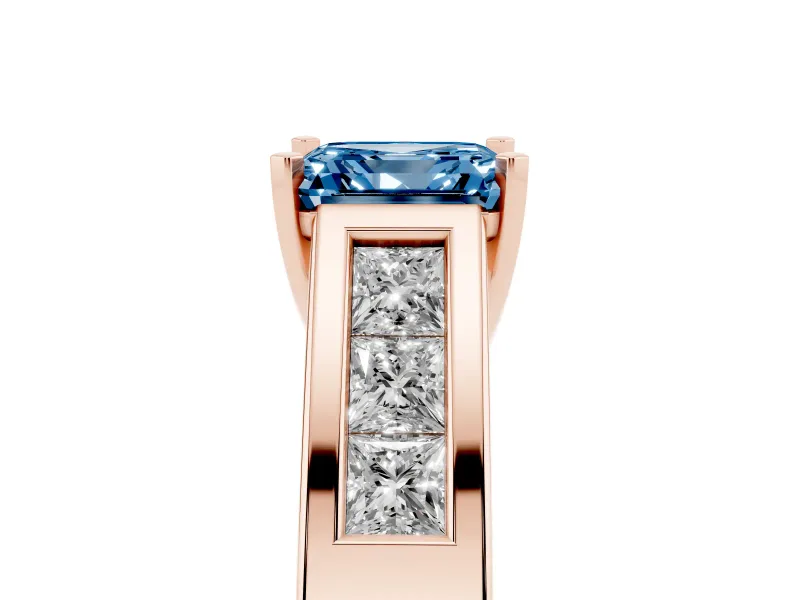 Fancy Blue Asscher Cut Diamond Solitaire Ring Set in Rose gold with Channel-Set Accent Stones and Prong Setting