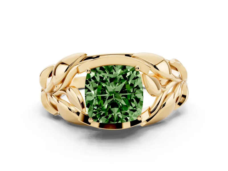 Fancy Green Cushion Cut Diamond Leaf-Inspired Engagement Ring Set in Yellow gold with Round Accents