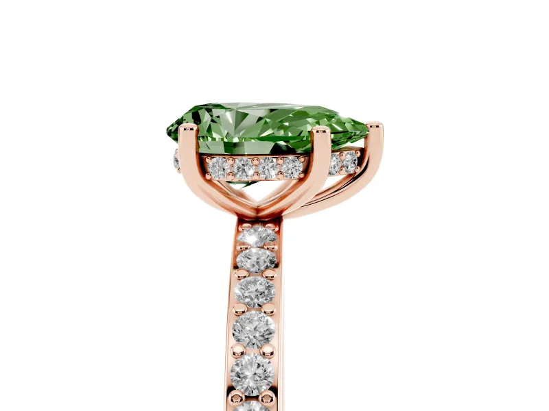 Fancy Green Pear Cut Diamond Pavé Band Ring Set in Rose gold with Prong-Set Center Stone