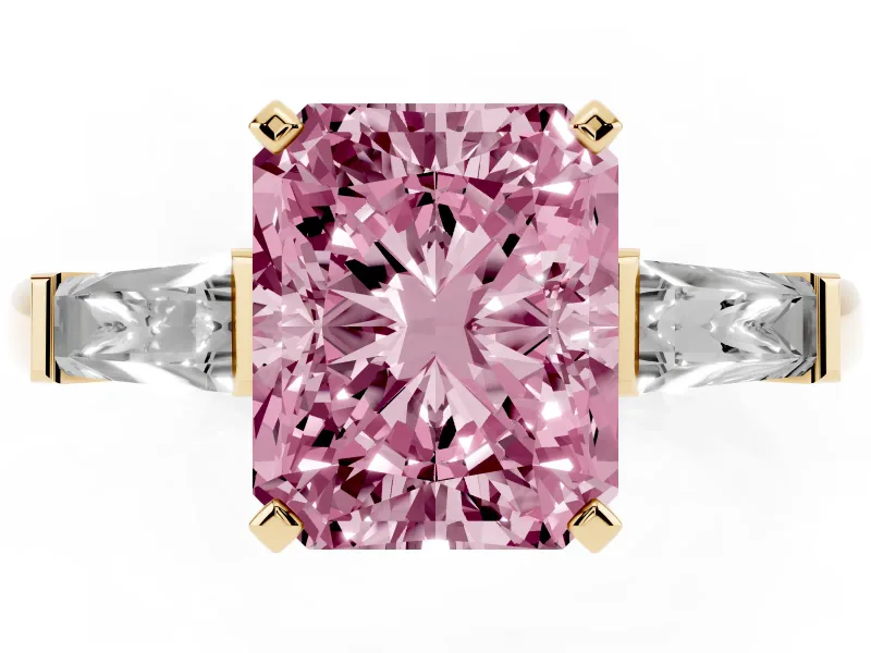 Radiant Cut Three Stone Engagement Ring Setting for a Fancy Pink Lab-Grown Diamond | Tapered Baguettes | Yellow Gold