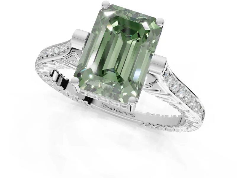 Emerald Cut Vintage Cathedral Engagement Ring Setting for a Fancy Green Lab-Grown Diamond | Carved Band | Platinum