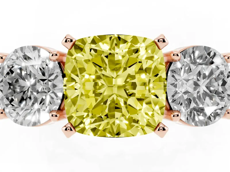 Cushion Cut Three Stone Engagement Ring Setting for a Fancy Yellow Lab-Grown Diamond | Wide Plain Band | Rose Gold