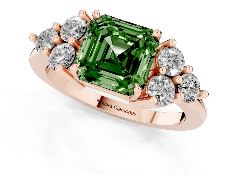 Fancy Green Asscher Cut Diamond Solitaire Ring Set in Rose gold with Cluster Accents on Each Side