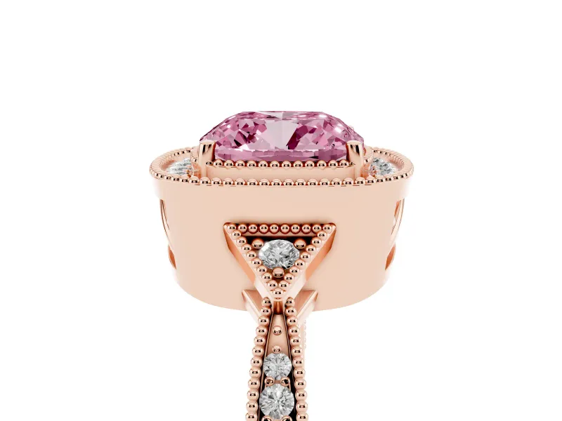Cushion Cut Milgrain Halo Engagement Ring Setting for a Fancy Pink Lab-Grown Diamond | Graduated Pavé | Rose Gold