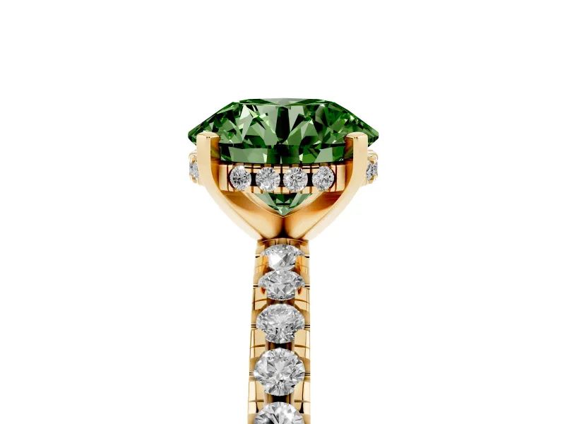 Round Hidden Halo Solitaire Engagement Ring Setting for a Fancy Green Lab-Grown Diamond | Pave Band | Yellow Gold