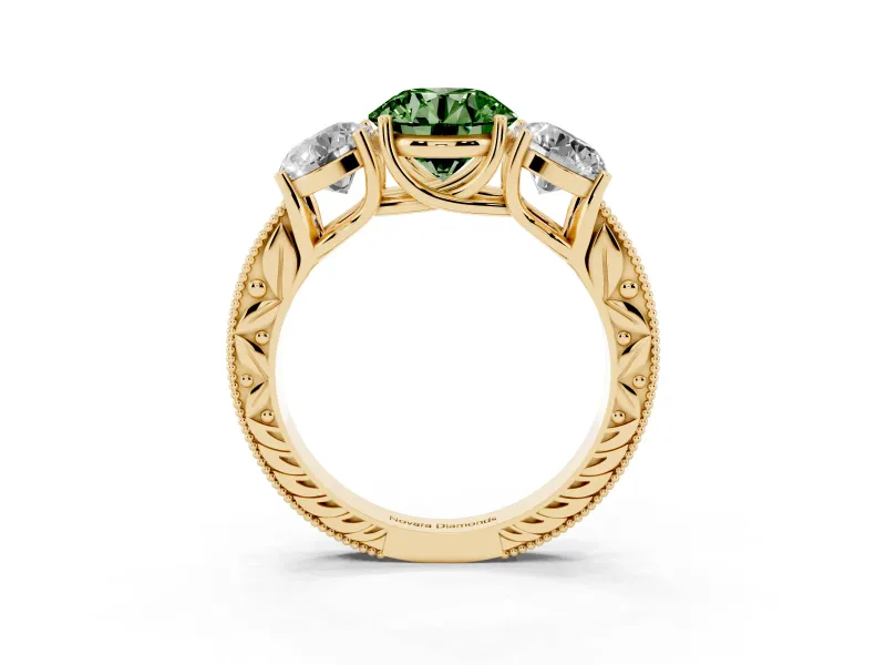 Round Vintage Three Stone Engagement Ring Setting for a Fancy Green Lab-Grown Diamond | Yellow Gold