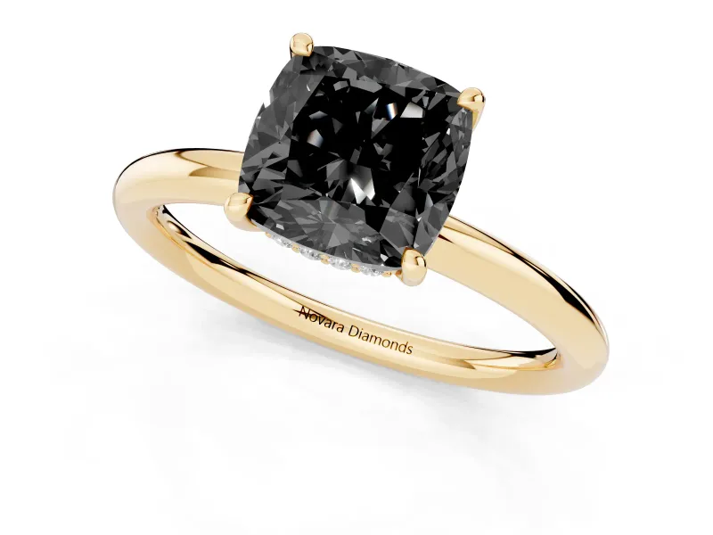 Fancy Black Cushion Cut Diamond Solitaire Ring Set in Yellow gold with Thin Band and Prong Setting
