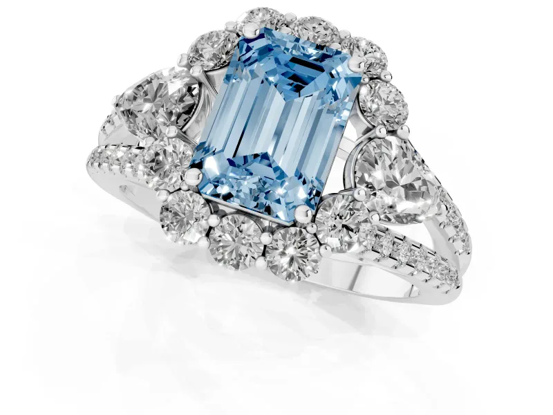 Fancy Blue Emerald Cut Diamond Halo Split Shank Engagement Ring Set in White gold with Prong-Held Center Stone