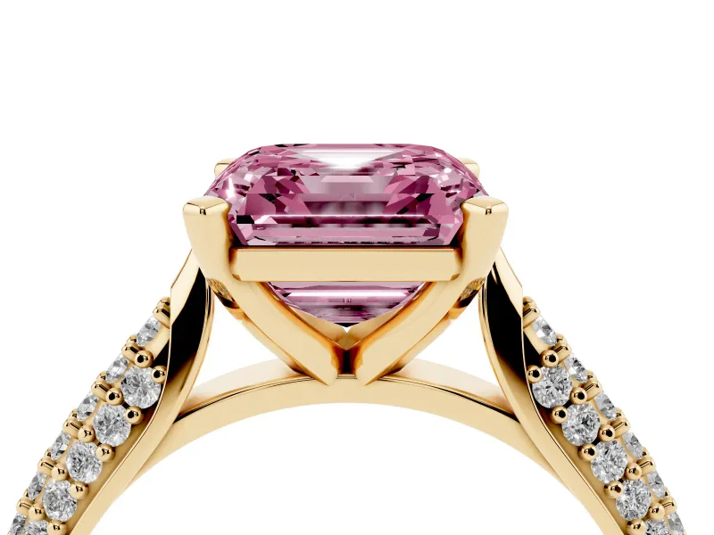 Fancy Pink Asscher Cut Diamond Solitaire Engagement Ring Set in Yellow gold with Multi-Row Round Pavé Band and Prong Setting