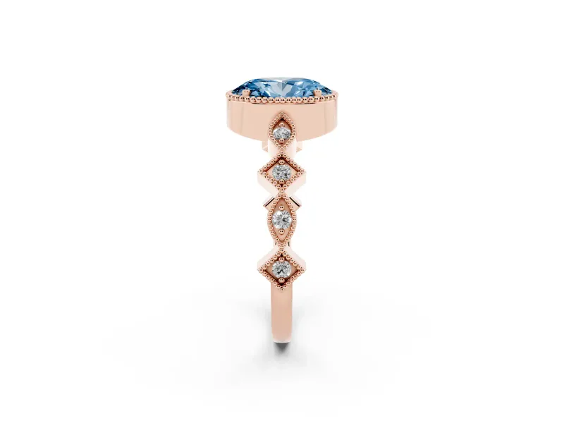 Fancy Blue Oval Cut Diamond Milgrain Marquise Twist Band Ring Set in Rose gold with Prong Setting