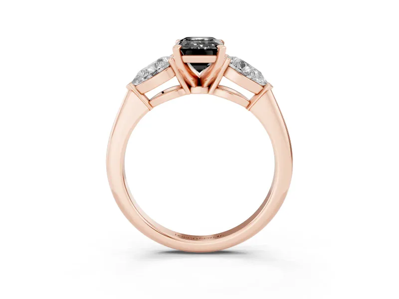 Emerald Cut Three-Stone Engagement Ring Setting for a Black Center | Pear Side Stones | Rose Gold