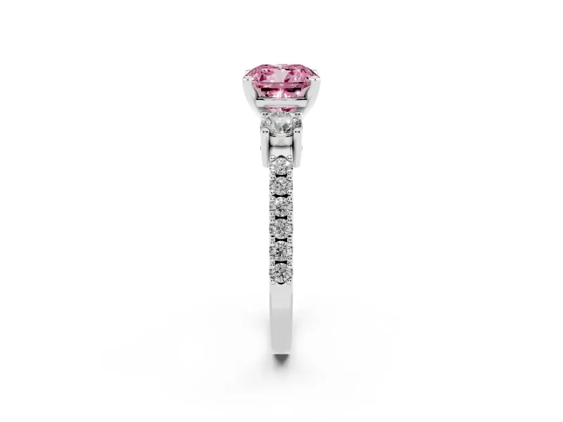 Fancy Pink Three-Stone Cushion Cut Diamond Pavé Band Ring Set in White gold with Prong Setting