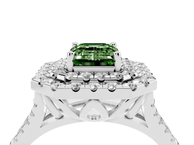 Emerald Cut Halo Split Shank Engagement Ring Setting for a Fancy Green Lab-Grown Diamond | Pavé Strands | White Gold