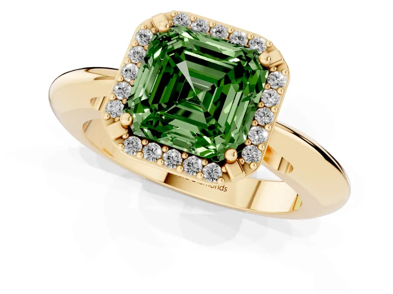 Fancy Green Asscher Cut Diamond Halo Engagement Ring Set in Yellow gold with Plain Split Shank and Prong Setting