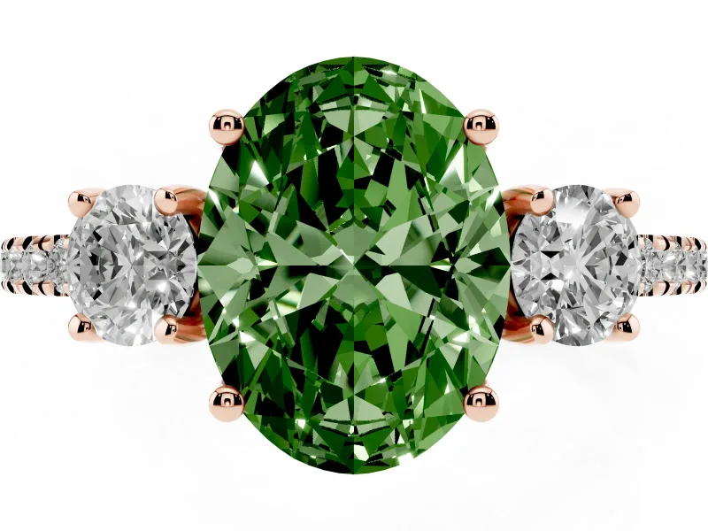 Oval Three Stone Engagement Ring Setting for a Fancy Green Lab-Grown Diamond | Pave Shoulders | Rose Gold