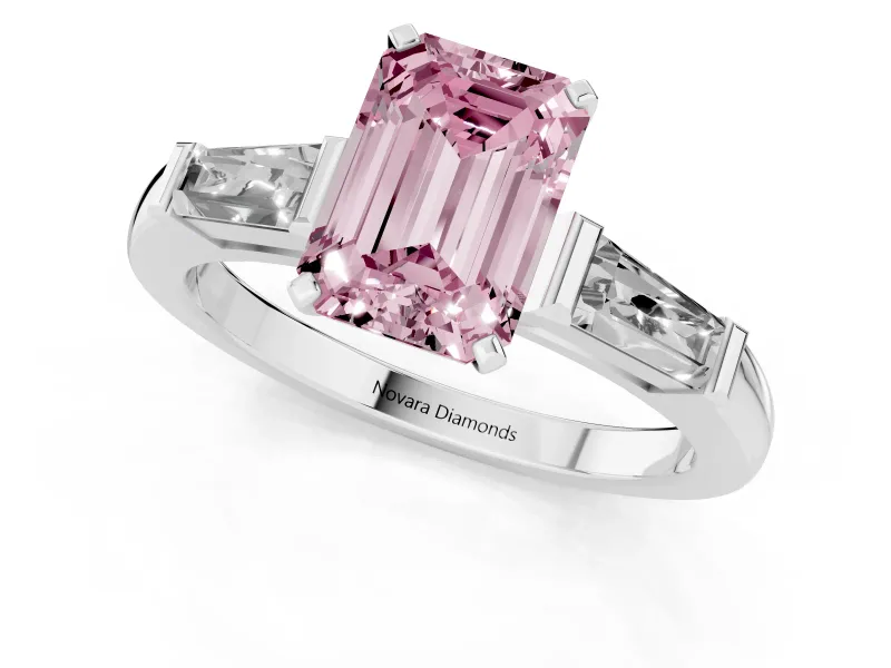 Fancy Pink Emerald Cut Diamond Solitaire Ring Set in Silver with Tapered Baguette Side Stones and Prong Setting