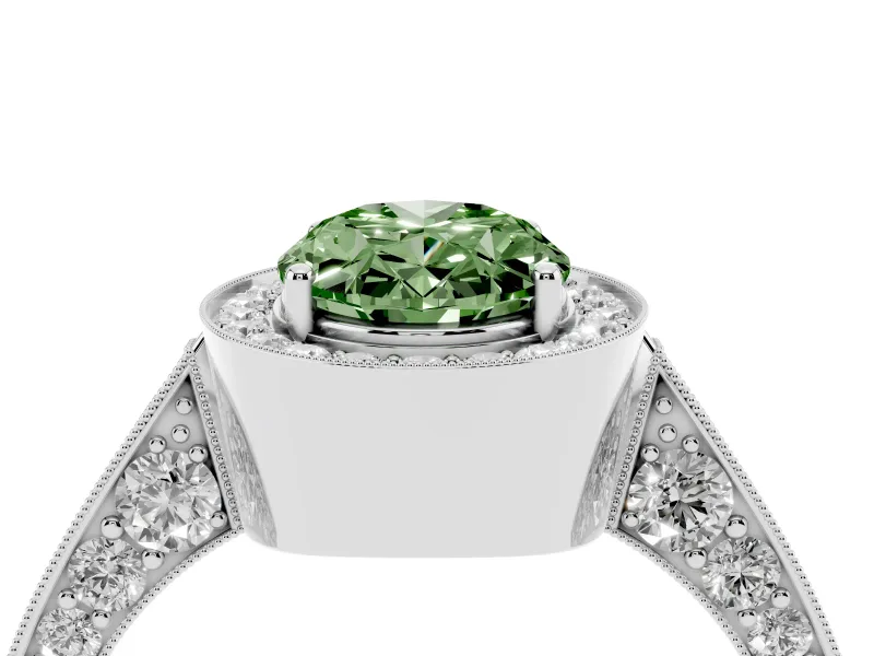 Oval Vintage Milgrain Halo Engagement Ring Setting for a Fancy Green Lab-Grown Diamond | Side Stones and Pave | Platinum