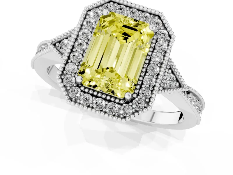 Fancy Yellow Emerald Cut Diamond Halo Engagement Ring Set in White gold with Milgrain Pavé Band