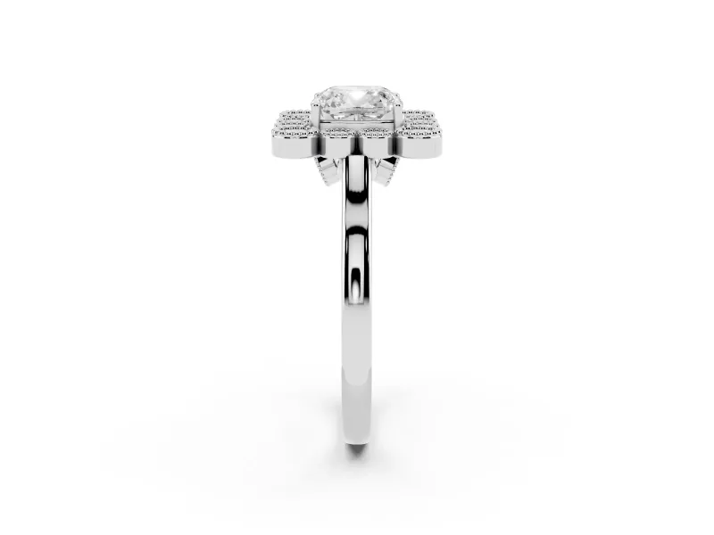 Cushion Cut Milgrain Cluster Halo Engagement Ring Setting | Plain Band | Sterling Silver