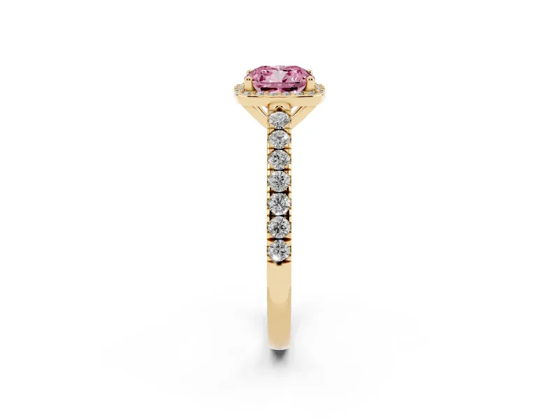 Fancy Pink Cushion Cut Diamond Halo Engagement Ring Set in Yellow gold with Pavé Band and Prong Setting