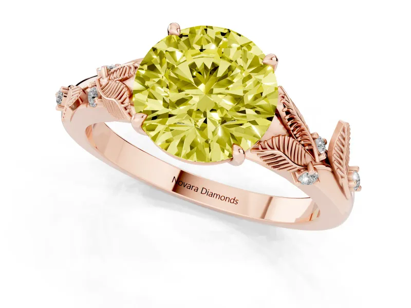 Fancy Yellow Round Cut Diamond Solitaire Ring Set in Rose gold with Leaf Motif Band