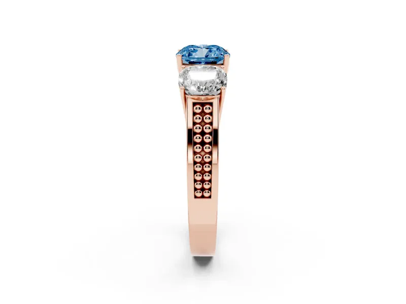 Cushion Cut Three Stone Engagement Ring Setting for a Fancy Blue Lab-Grown Diamond | Beaded Shoulders | Rose Gold