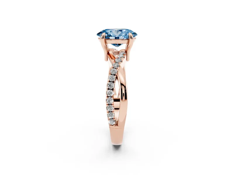 Fancy Blue Oval Cut Diamond Twist Band Solitaire Set in Rose gold with Pavé Accents and Prong Setting