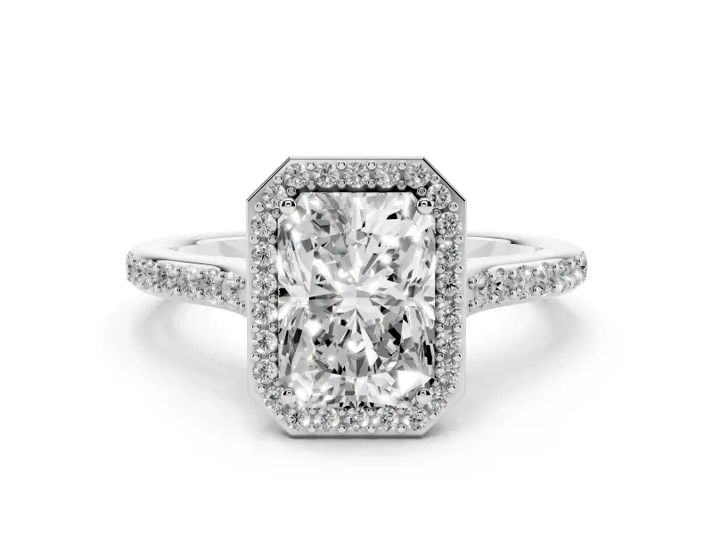 Radiant Cut Diamond Halo Engagement Ring Set in White gold with Round Pavé Shoulders and Heart Gallery