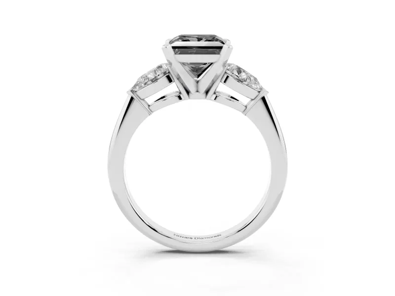 Fancy Black Three-Stone Princess Cut Diamond Ring Set in Silver with Pear Side Stones and Prong Setting