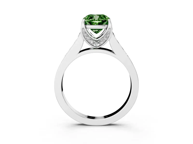 Fancy Green Cushion Cut Diamond Solitaire Pavé Engagement Ring Set in White gold with Prong Setting