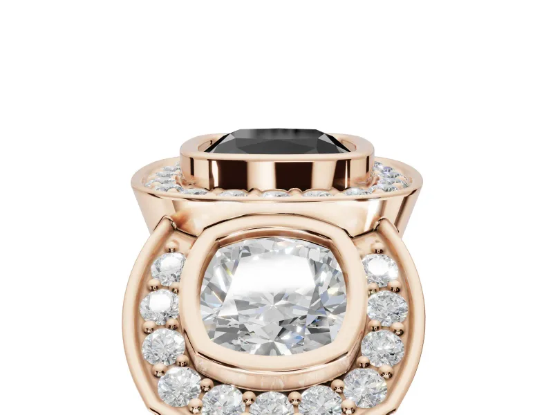 Cushion Cut Three Stone Halo Engagement Ring Setting for a Black Center | Bezel Set | Rose Gold