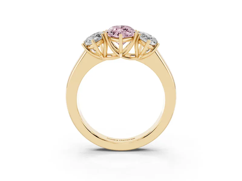 Fancy Pink Three-Stone Marquise Cut Diamond Ring Set in Yellow gold with Matching Prong Settings and Plain Band