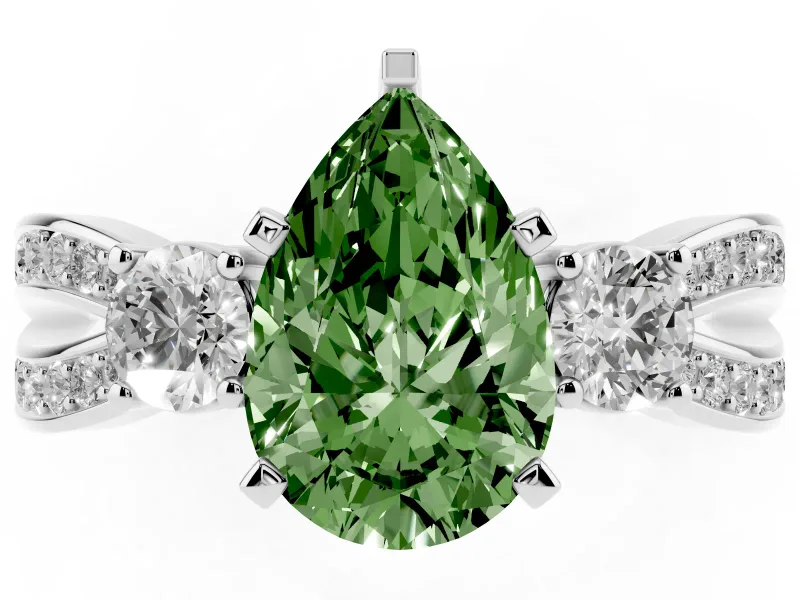Fancy Green Three-Stone Pear Cut Diamond Twist Band Ring Set in Platinum with Pavé Accents and Prong Setting