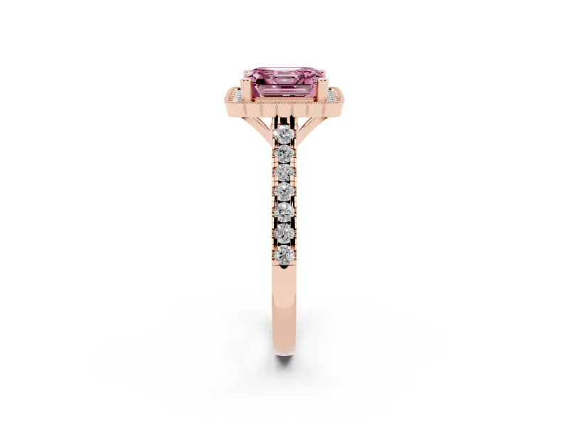 Fancy Pink Asscher Cut Diamond Milgrain Floral Halo Engagement Ring Set in Rose gold with Pavé Band