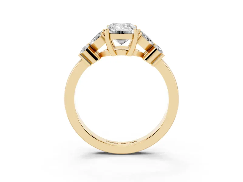 Emerald Cut Diamond Floral Cluster Ring Set in Yellow gold with Marquise Petals and Prong Setting