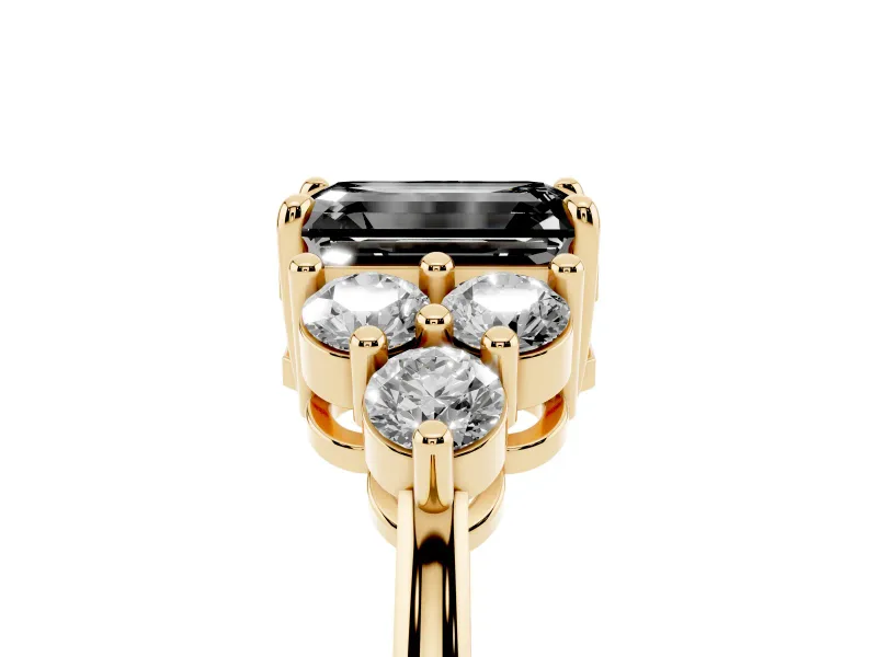 Fancy Black Emerald Cut Diamond Solitaire Ring Set in Yellow gold with Cluster Accents on Each Side