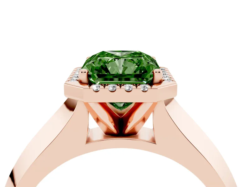 Fancy Green Radiant Cut Diamond Halo Ring Set in Rose gold with Cathedral Band and Prong Setting