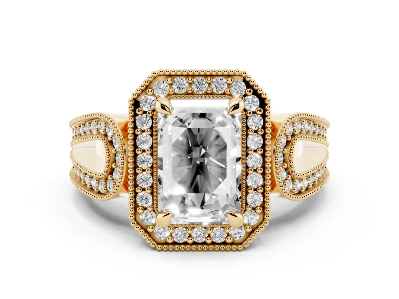 Emerald Cut Diamond Halo Ring Set in Yellow gold with Milgrain Accent Split Shank