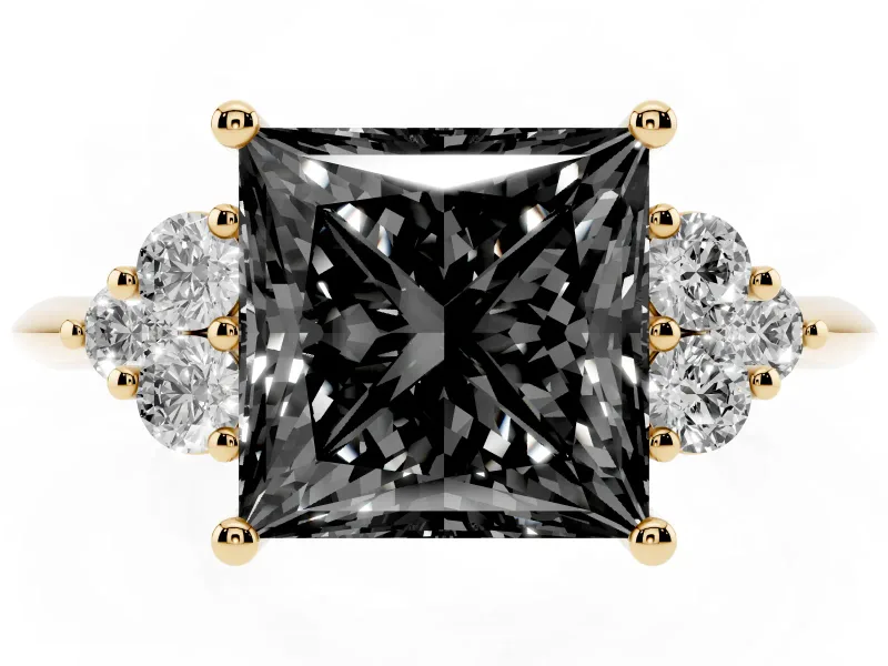Princess Cut Cluster Accent Engagement Ring Setting for a Black Center | Plain Band | Yellow Gold